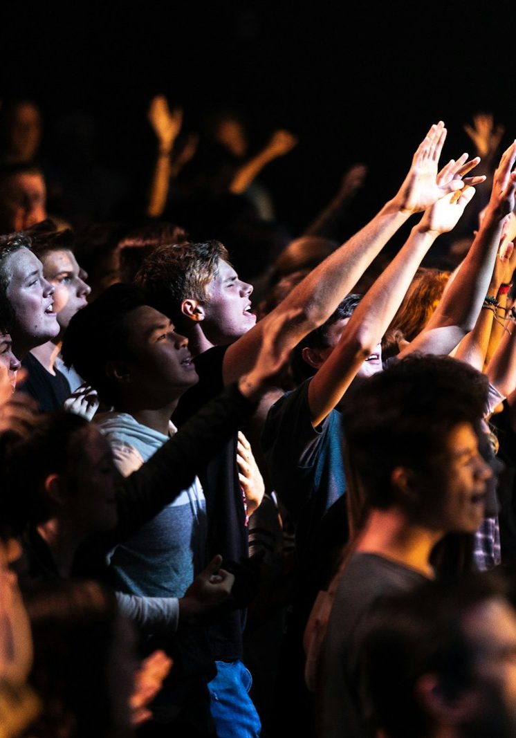 people raising their hands during night time